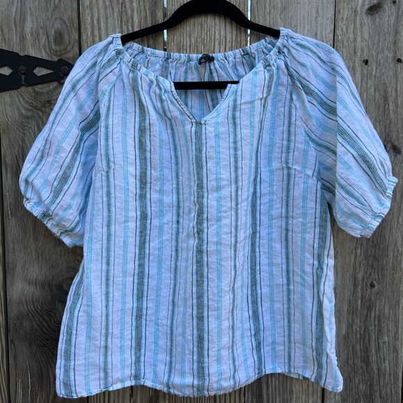 TALBOTS White and Turquiose Striped 100% Linen Blouse Top Women’s Medium Petite - Picture 3 of 11